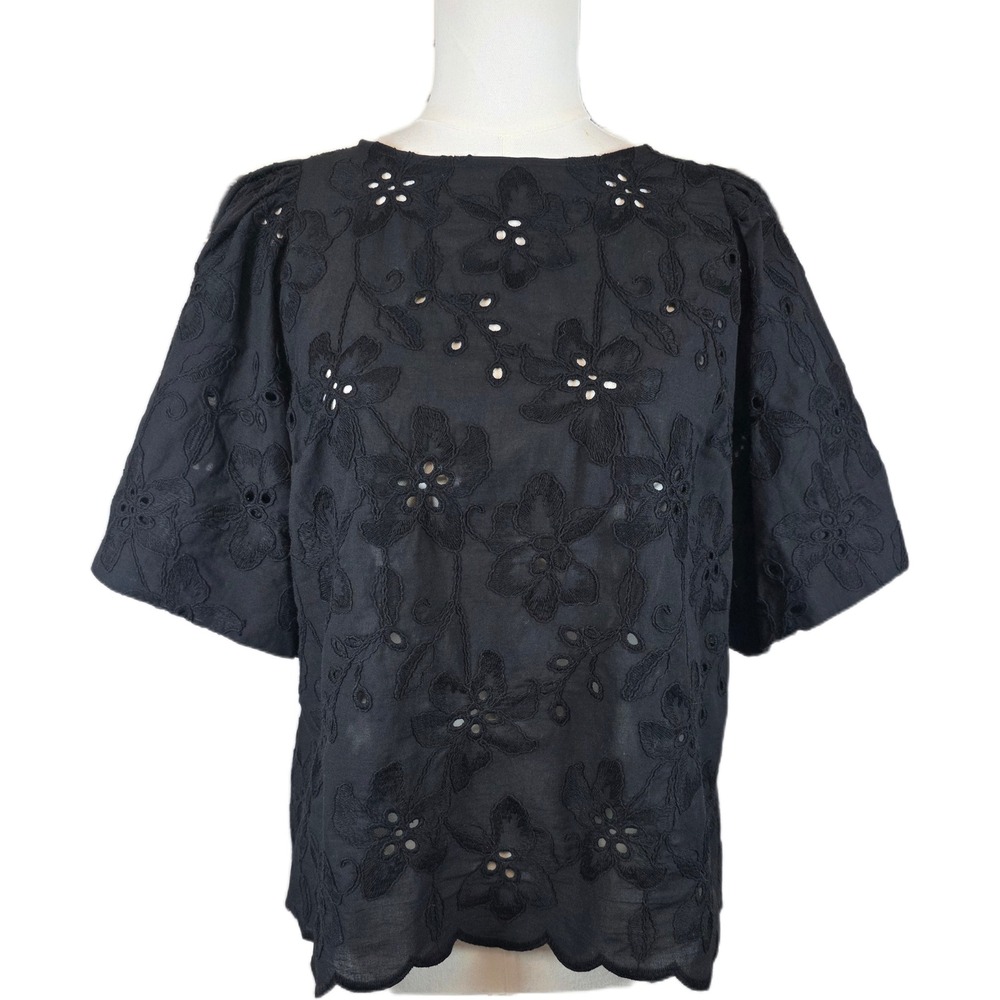 T Tahari Black Floral Eyelet Embroidery Puff Sleeve 100% Cotton Blouse